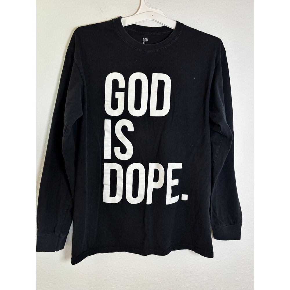 God Is Dope Mens Long Sleeve Graphic T-Shirt Black Size M Streetwear Cotton